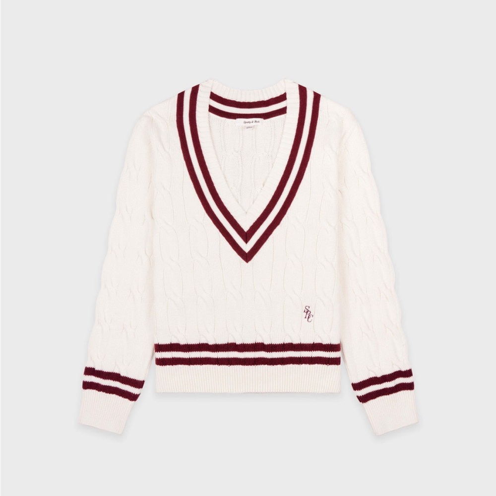 Sporty and rich Women's V-Neck Cable Knit Sweater - White and Red - Picture 8 of 12